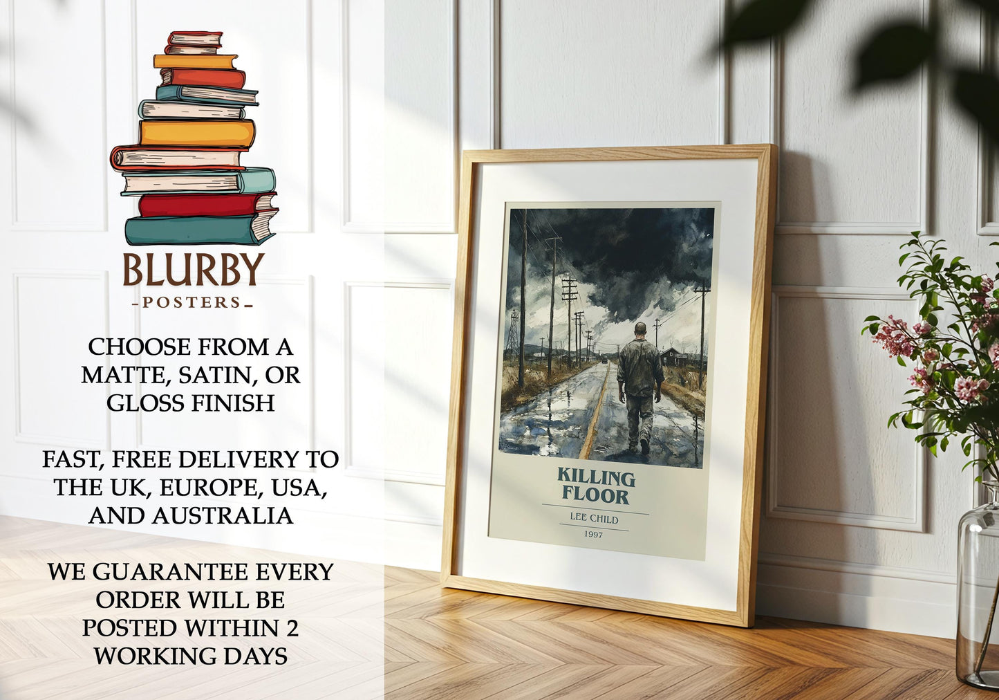 Killing Floor by Lee Child Descriptive Poster Print. Free Delivery Wall Art Author & Blurb Book Artwork Novel