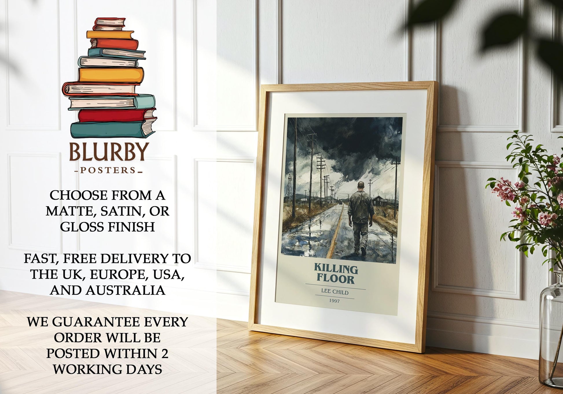 Killing Floor by Lee Child Descriptive Poster Print. Free Delivery Wall Art Author & Blurb Book Artwork Novel