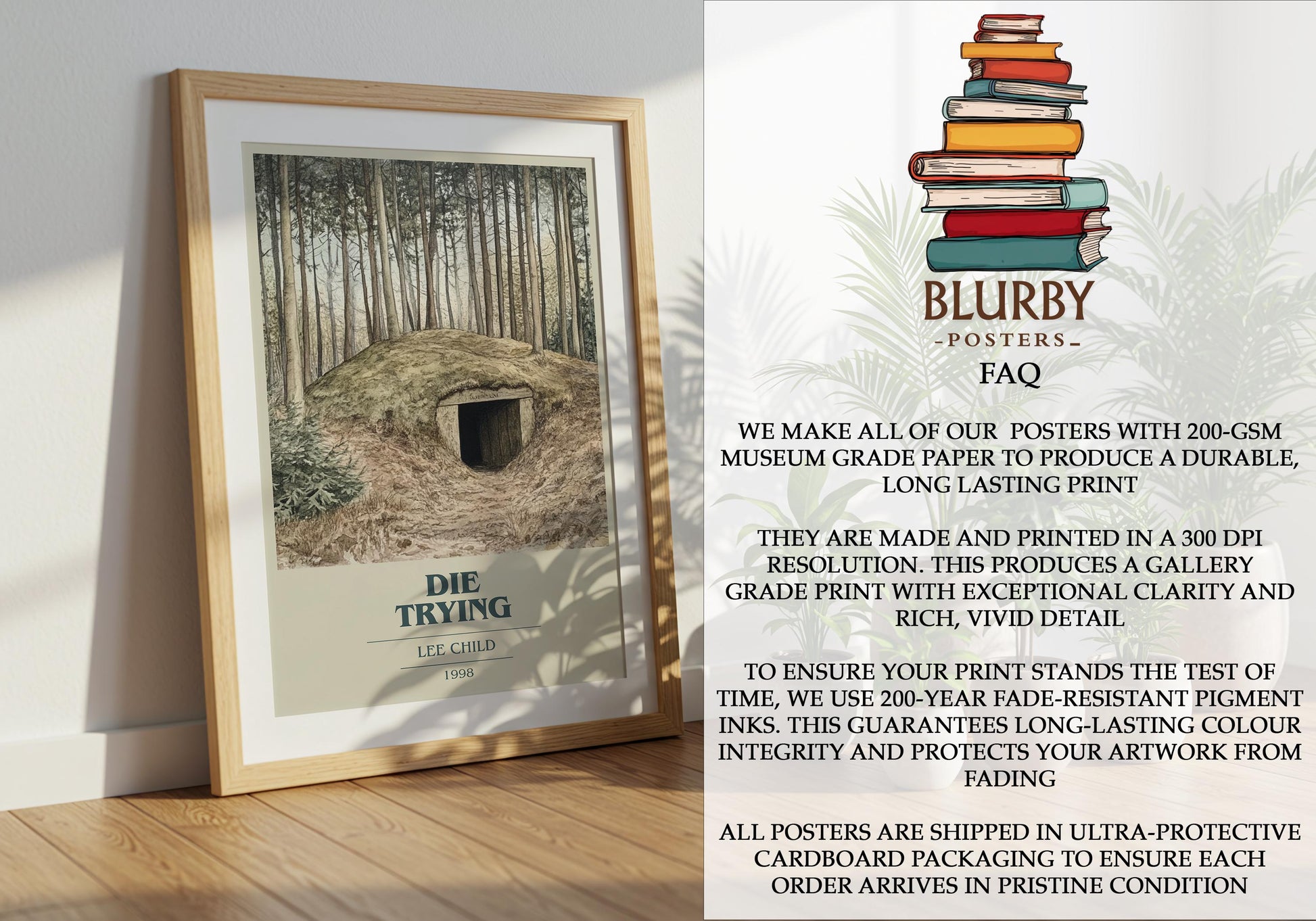 Die Trying by Lee Child Descriptive Poster Print. Free Delivery Wall Art Author & Blurb Book Artwork Novel