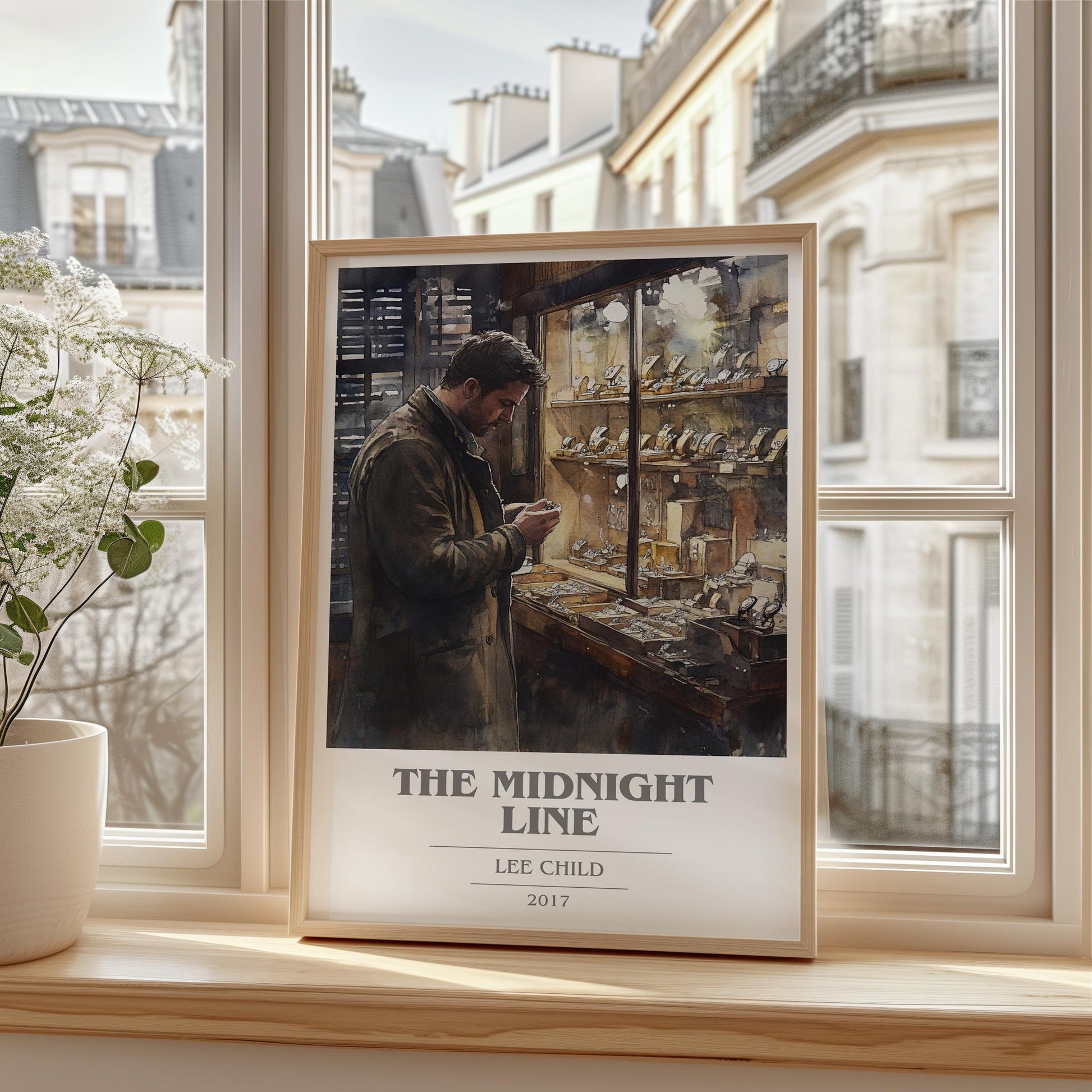 The Midnight Line book cover print in frame leaning in hallway – thriller wall art