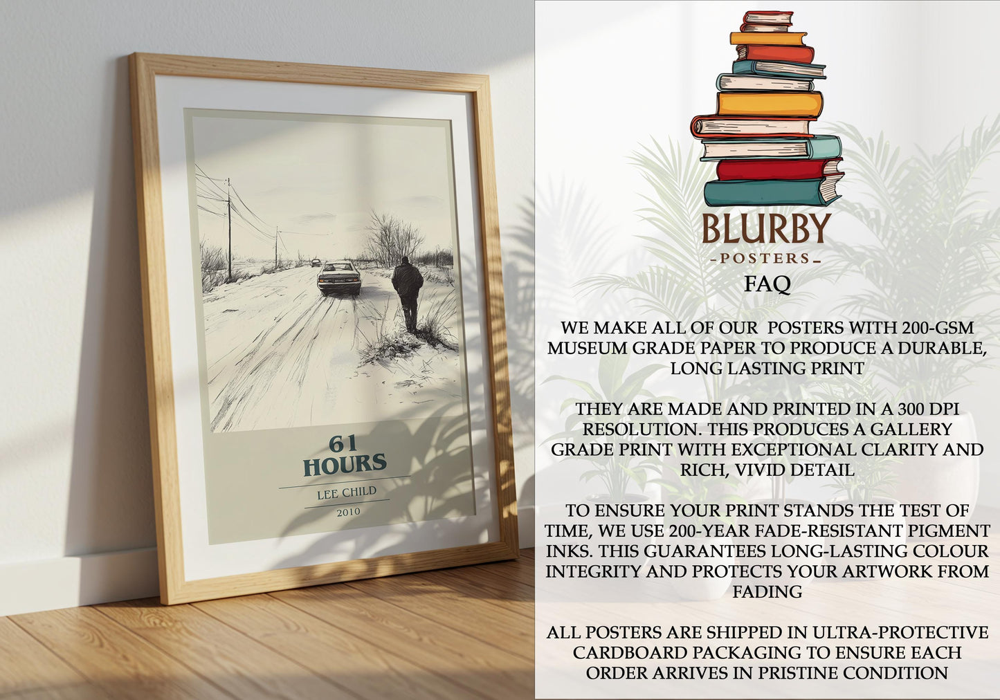 61 Hours by Lee Child Descriptive Poster Print. Free Delivery Wall Art Author & Blurb Book Artwork Novel