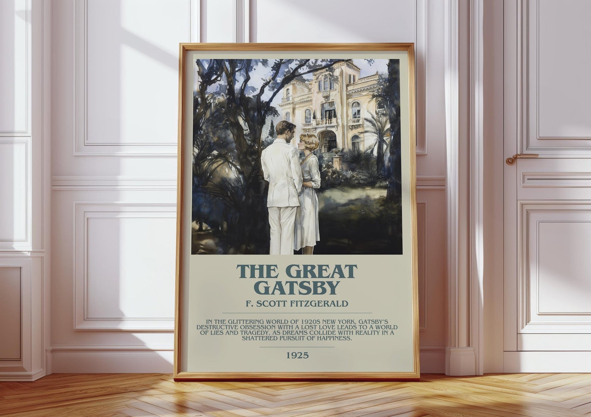 The Great Gatsby book cover print in frame leaning in hallway – classic literature wall art