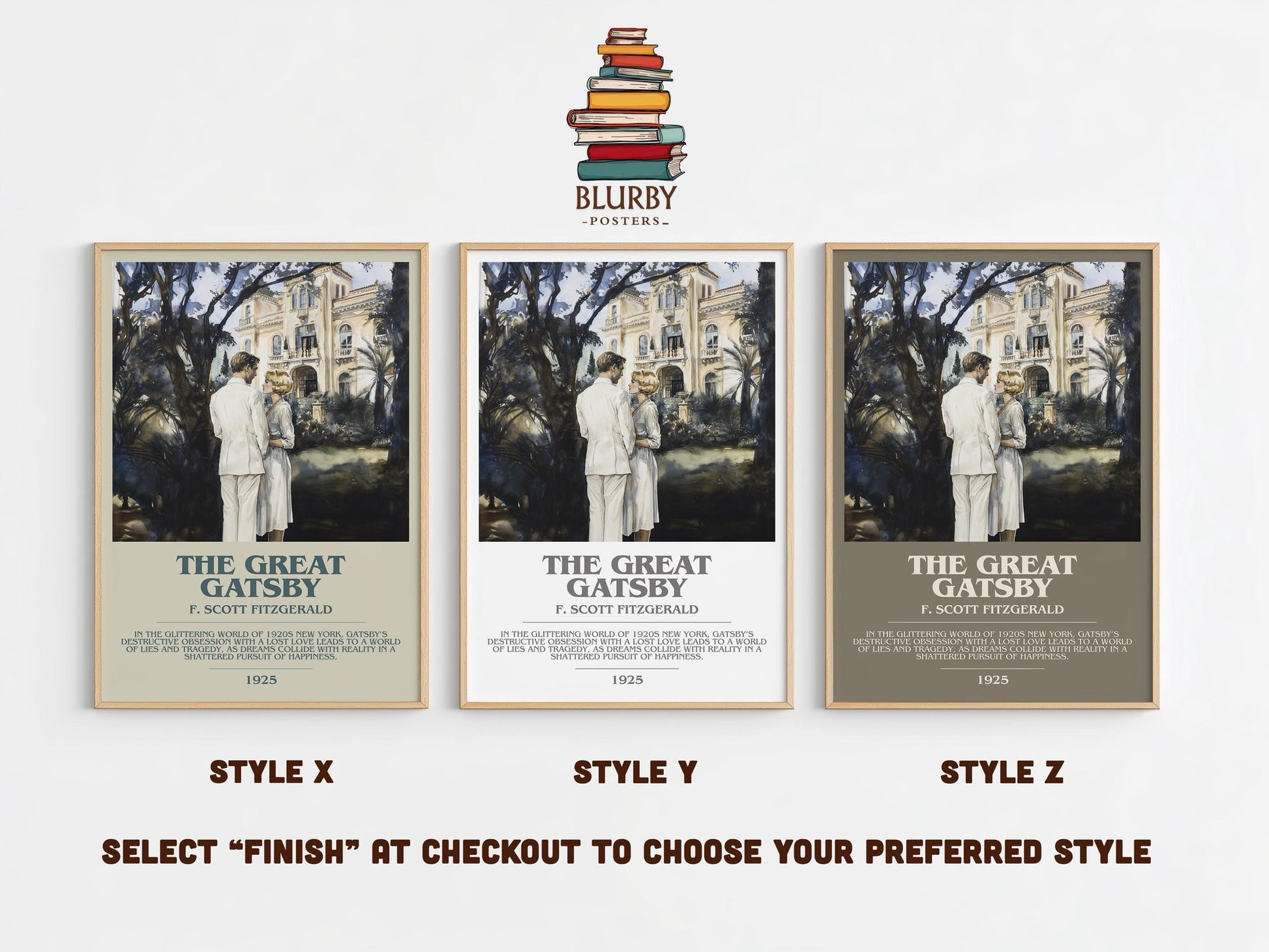 The Great Gatsby book cover poster colour and style options – F. Scott Fitzgerald book art
