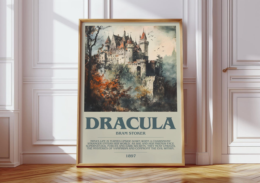 Dracula bookish print in frame leaning in hallway – gothic wall art (mockup)