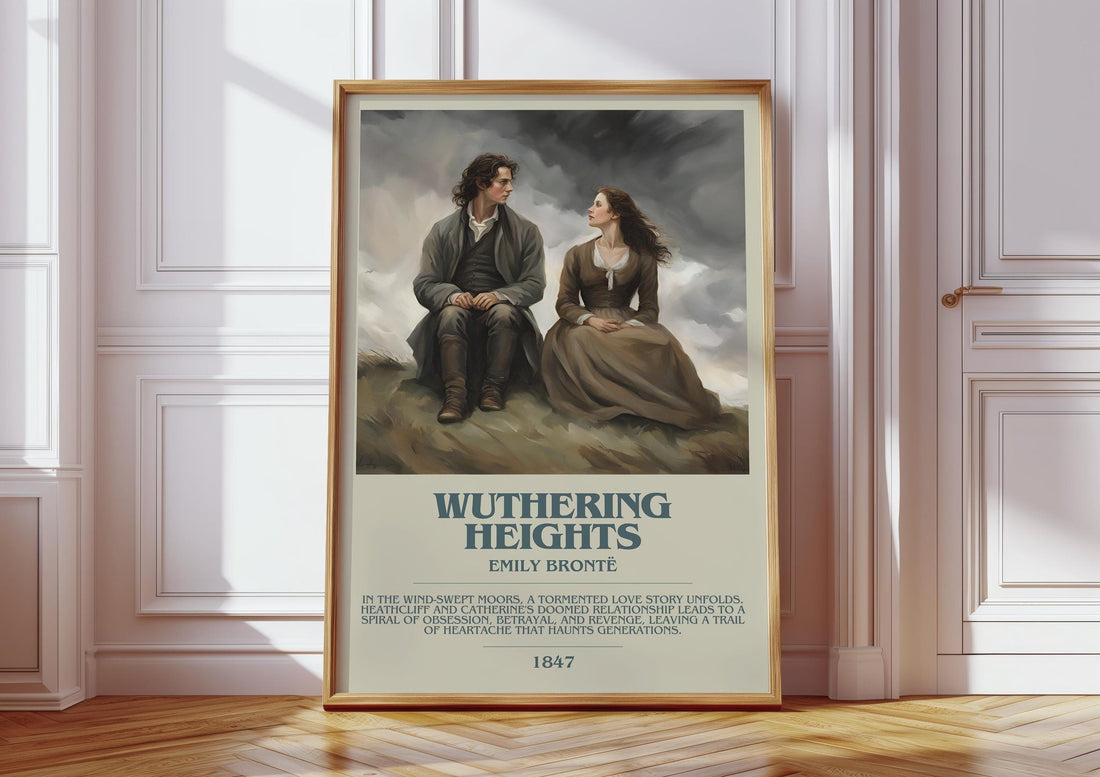 Wuthering Heights bookish print in frame leaning in hallway – gothic wall art (mockup)