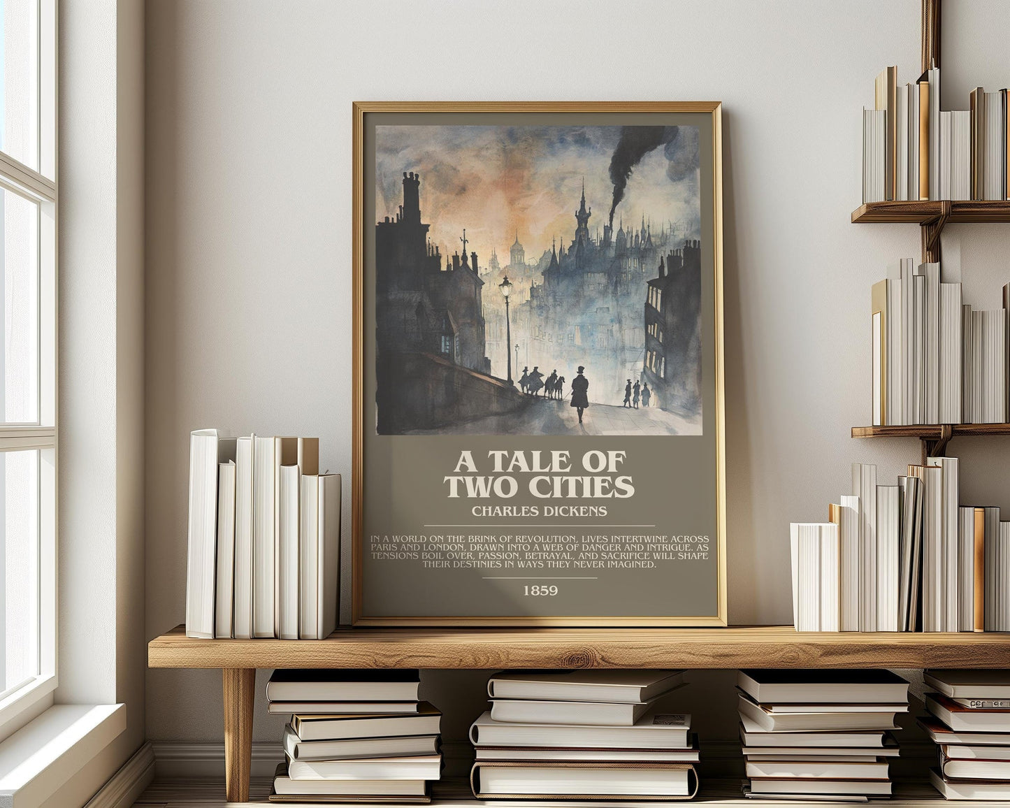 A Tale of Two Cities bookish print on bookshelf – Charles Dickens fan gift