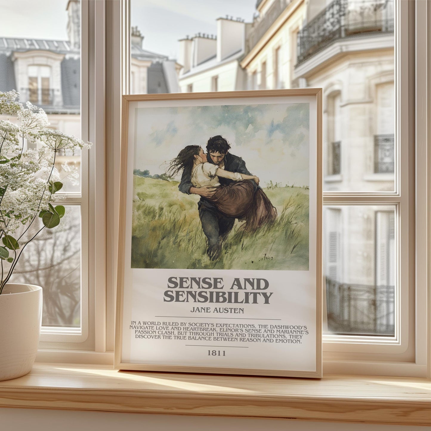 Sense and Sensibility bookish print framed by window – literary home decor