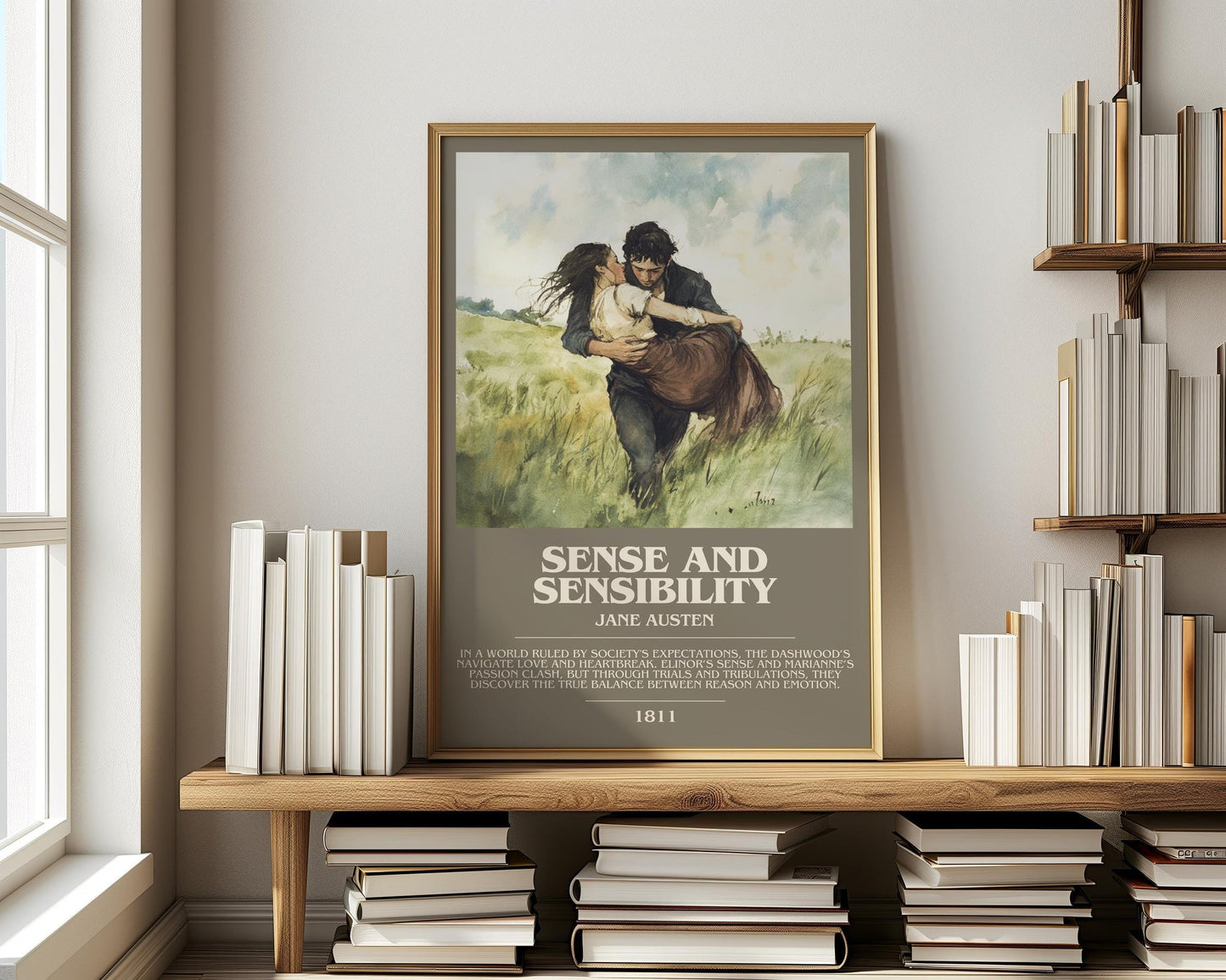 Sense and Sensibility bookish print on bookshelf – Jane Austen fan gift