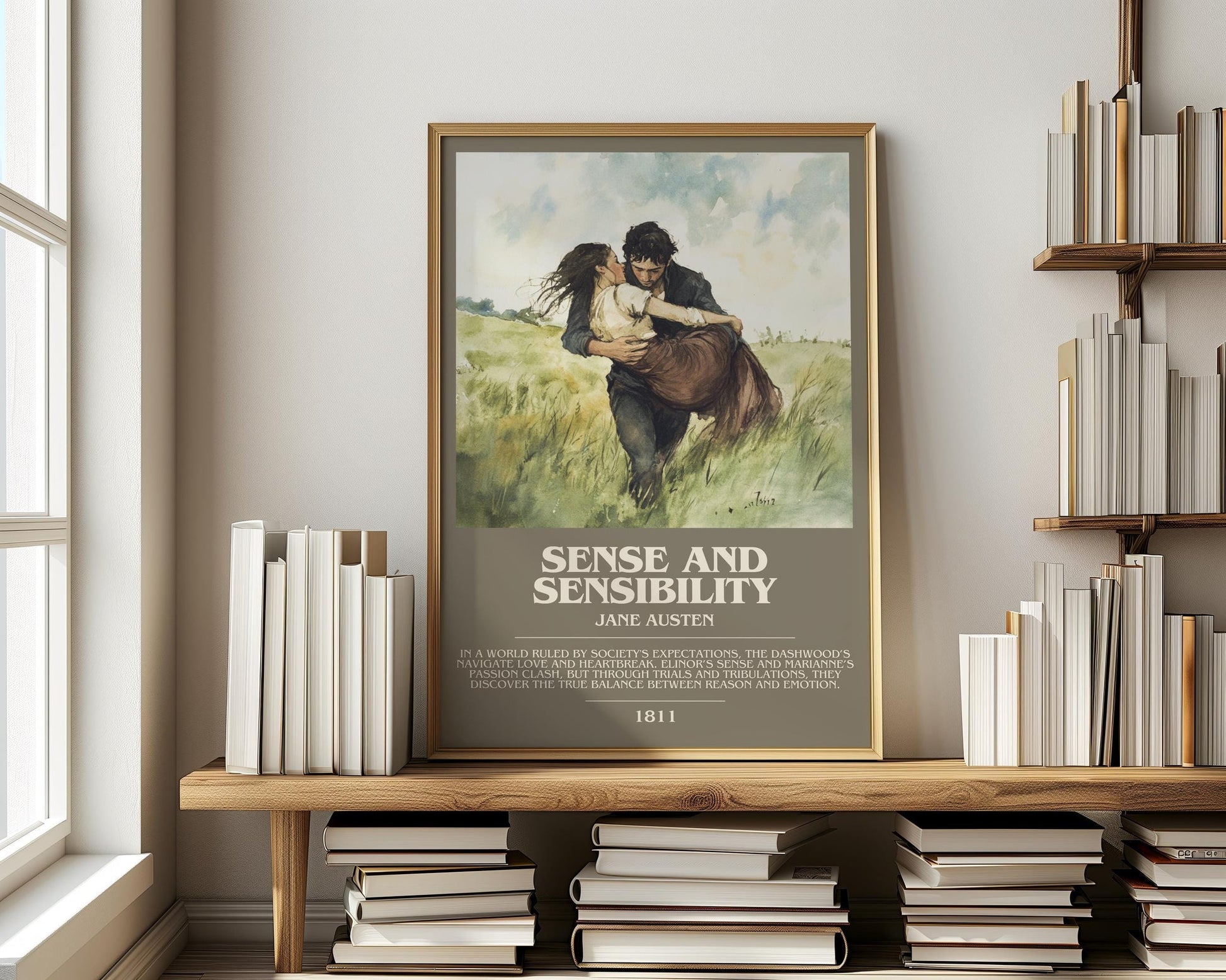 Sense and Sensibility bookish print on bookshelf – Jane Austen fan gift