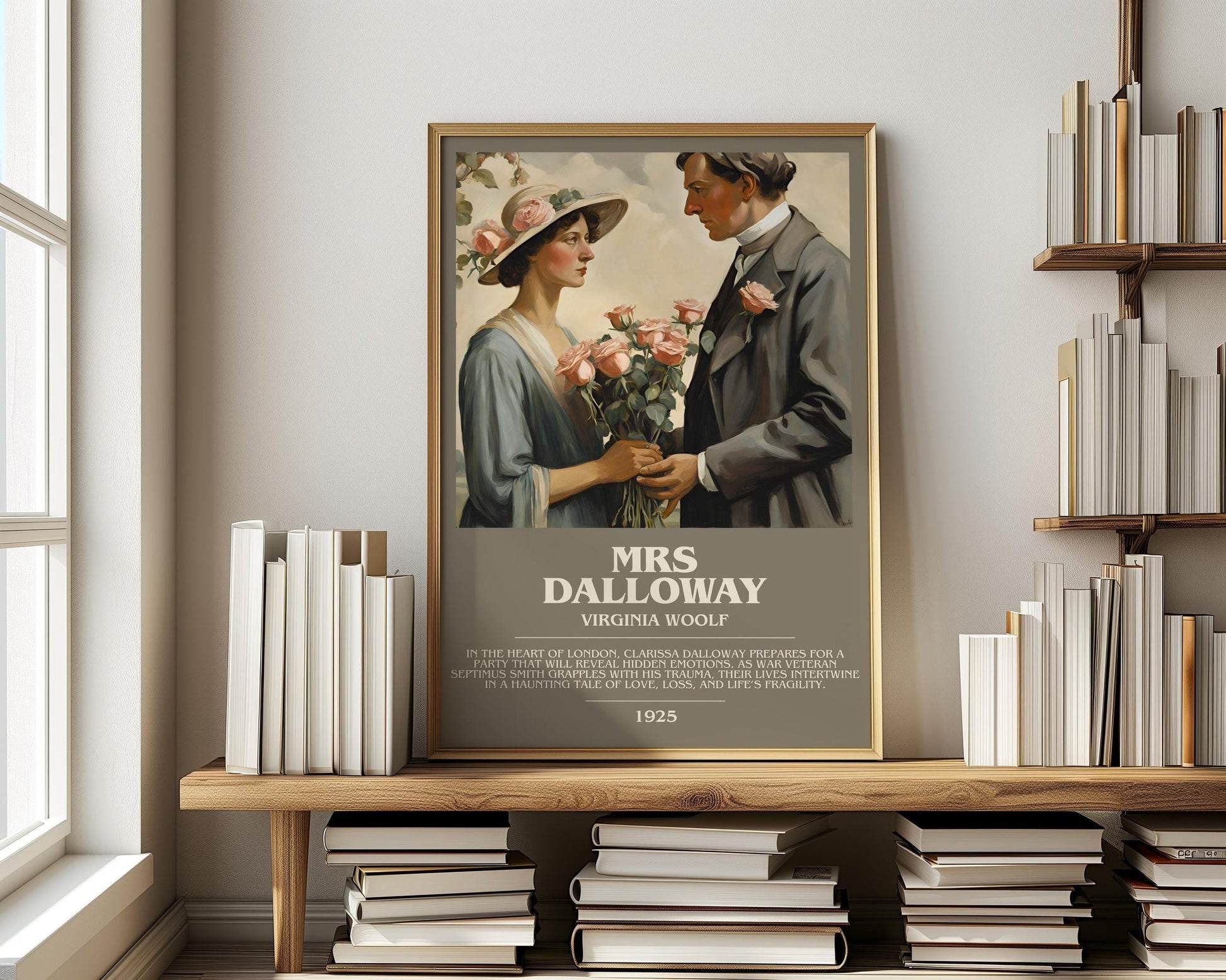 Mrs Dalloway bookish print on bookshelf – Virginia Woolf fan gift