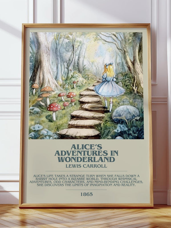 Alice's Adventures in Wonderland bookish print in frame leaning in hallway – mystery wall art