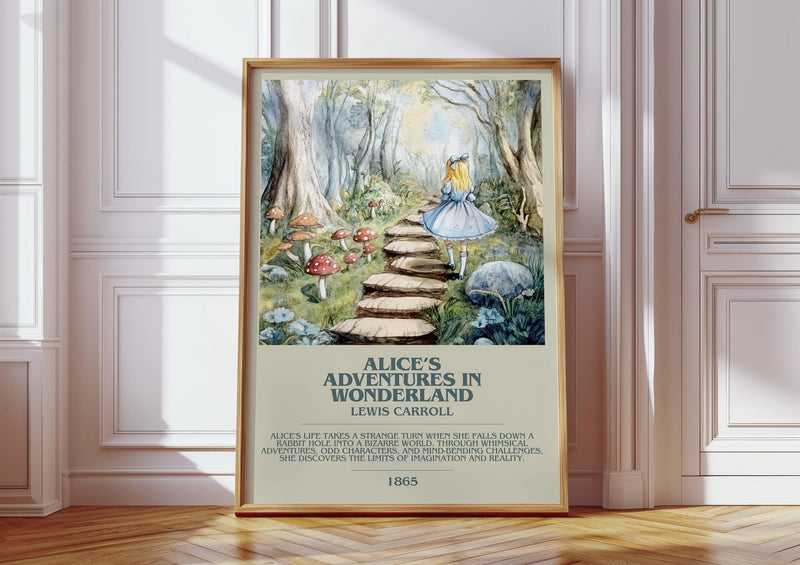 Alice's Adventures in Wonderland bookish print in frame leaning in hallway – mystery wall art