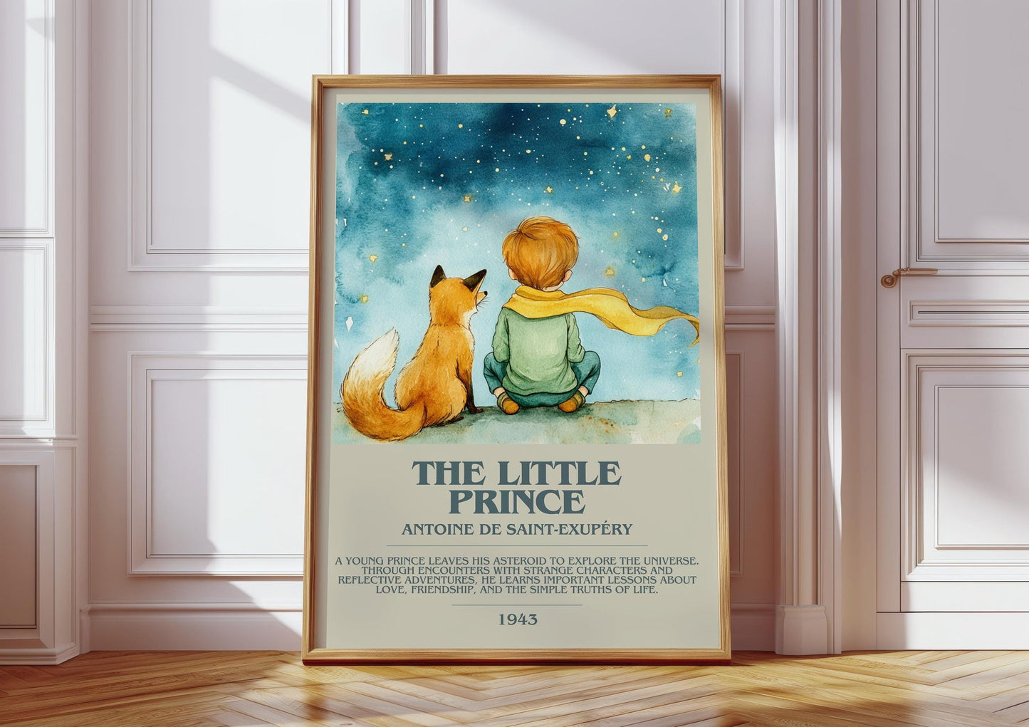 The Little Prince bookish print in frame leaning in hallway – childrens wall art