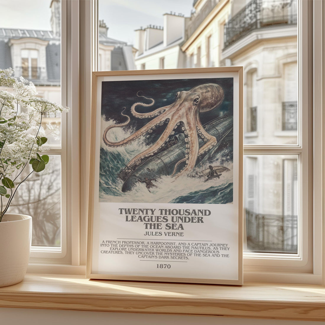 Twenty Thousand Leagues Under the Sea bookish print framed by window – literary home decor (mockup)