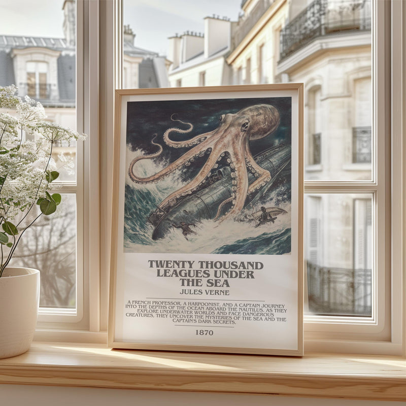 Twenty Thousand Leagues Under the Sea bookish print framed by window – literary home decor