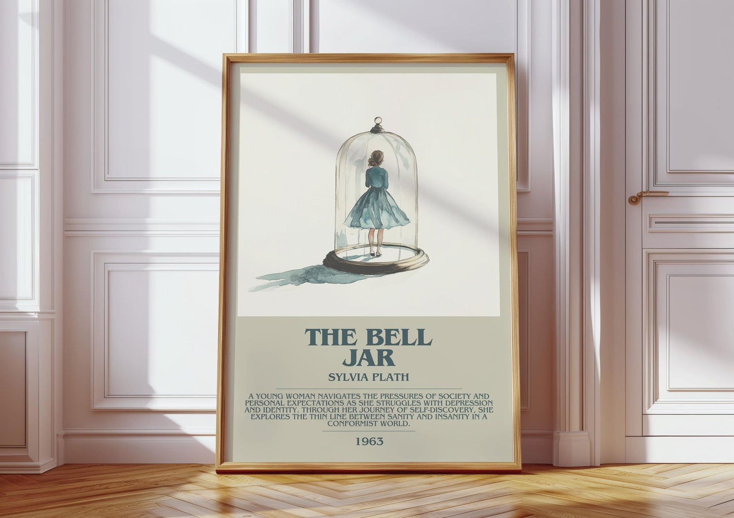 The Bell Jar bookish print in frame leaning in hallway – coming of age wall art