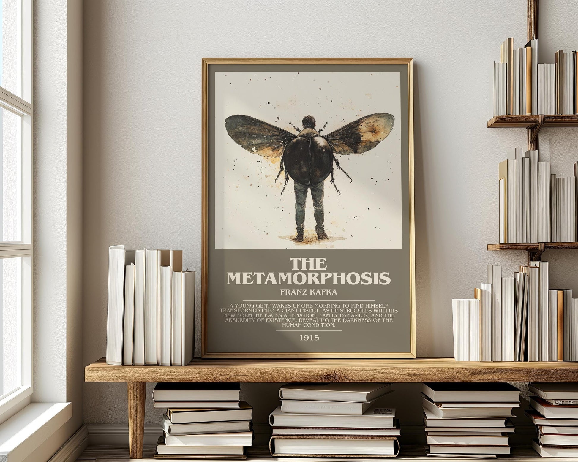 Metamorphosis bookish print on bookshelf – Frank Kafka fan gift