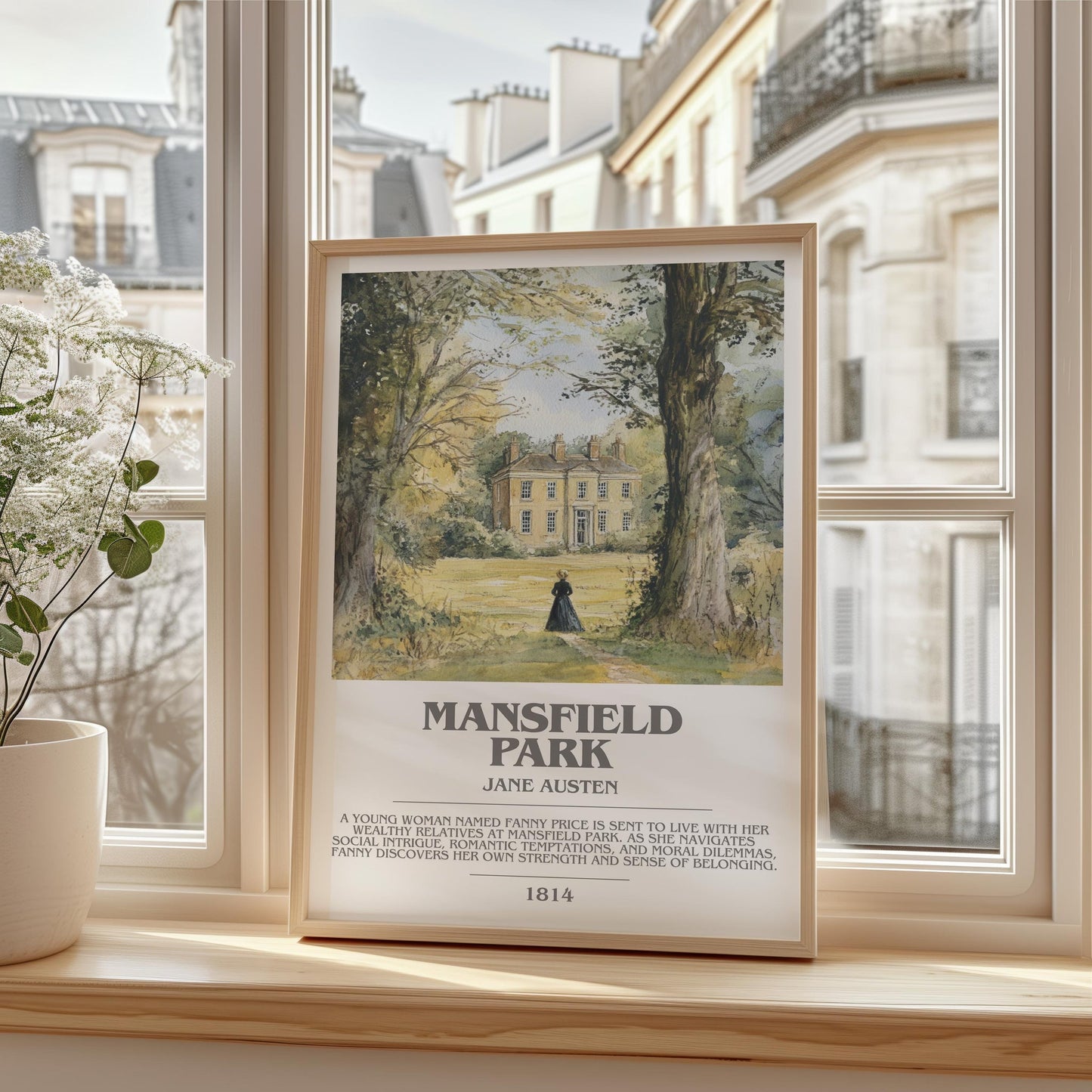 Mansfield Park bookish print framed by window – literary home decor