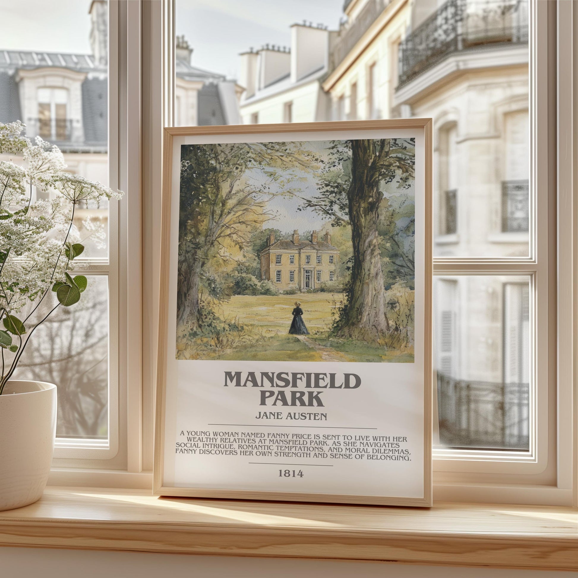 Mansfield Park bookish print framed by window – literary home decor