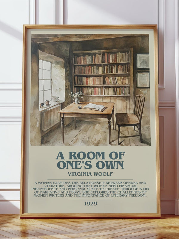 A Room Of One's Own bookish print in frame leaning in hallway – coming of age wall art