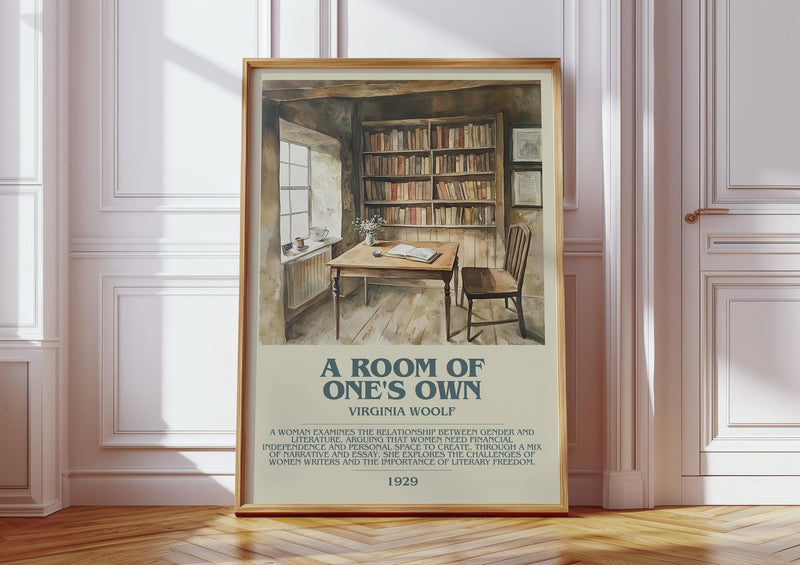A Room Of One's Own bookish print in frame leaning in hallway – coming of age wall art