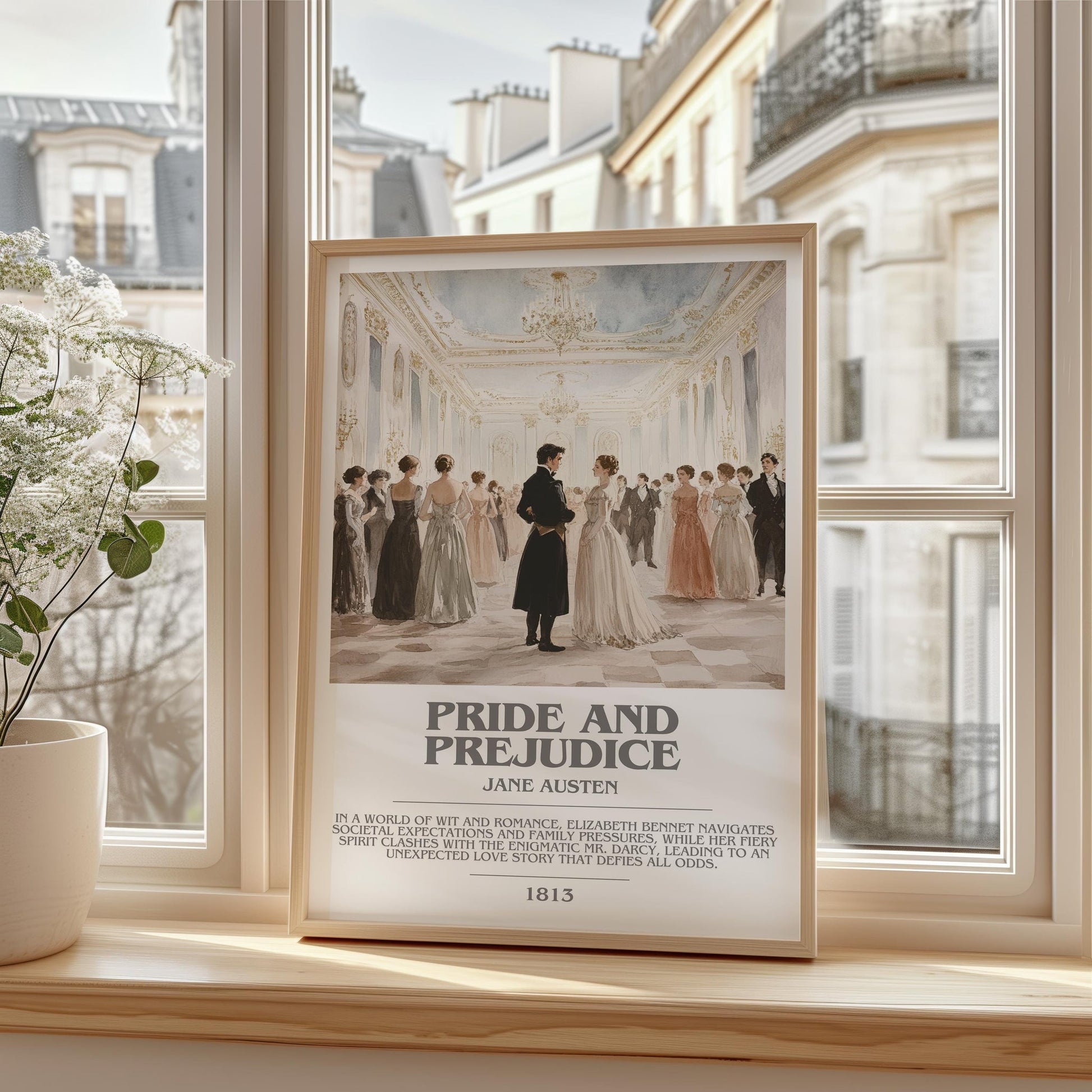 Pride and Prejudice bookish print framed by window – literary home decor