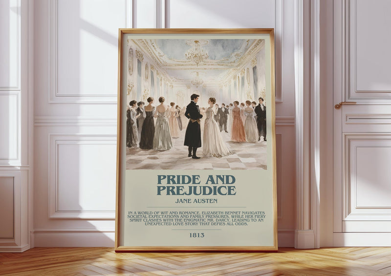 Pride and Prejudice bookish print in frame leaning in hallway – classic literature wall art