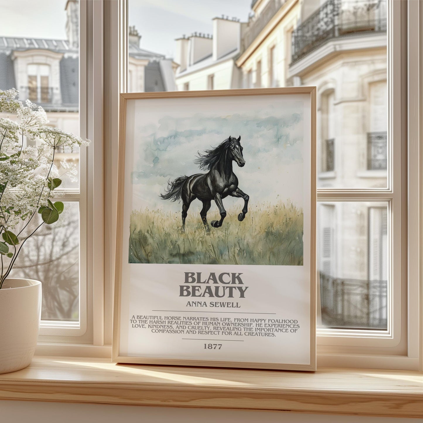 Black Beauty bookish print framed by window – literary home decor