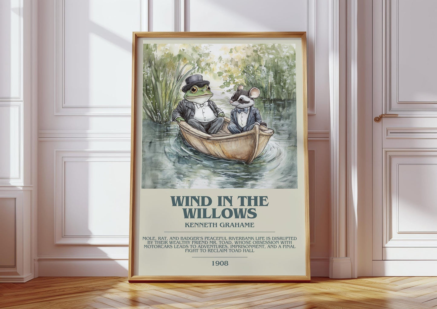 The Wind in the Willows bookish print in frame leaning in hallway – childrens wall art