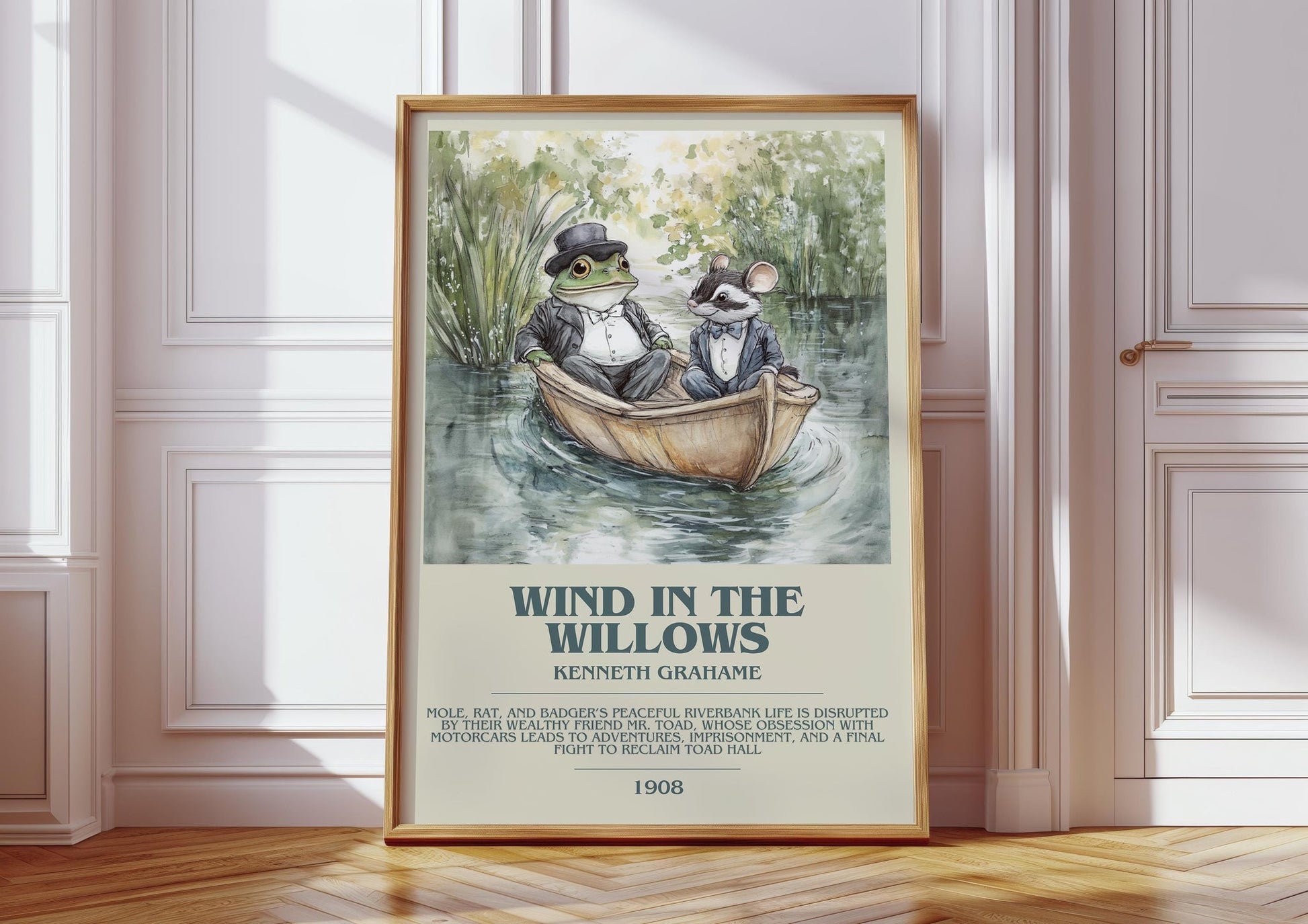 The Wind in the Willows bookish print in frame leaning in hallway – childrens wall art