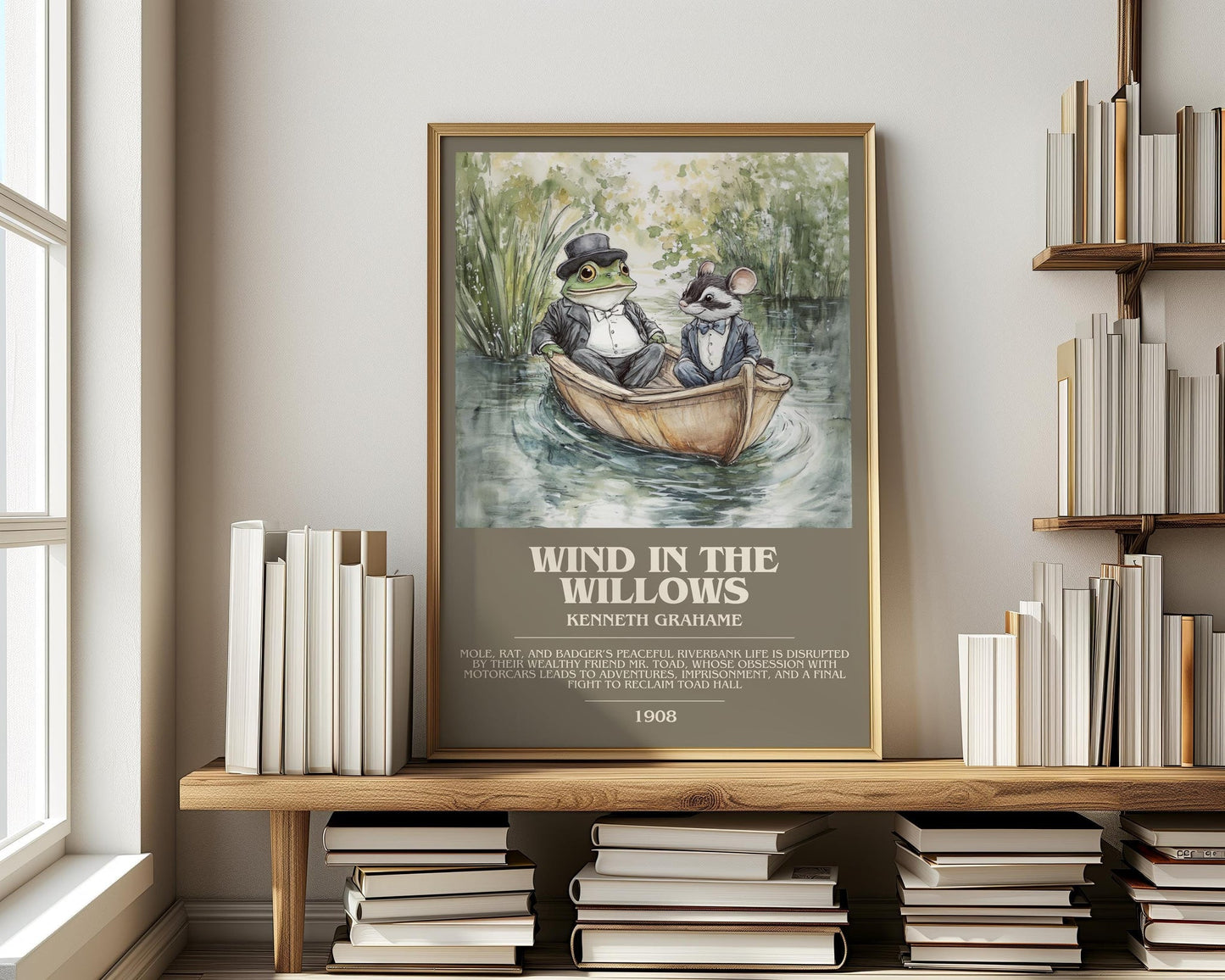 The Wind in the Willows bookish print on bookshelf – Kenneth Grahame fan gift
