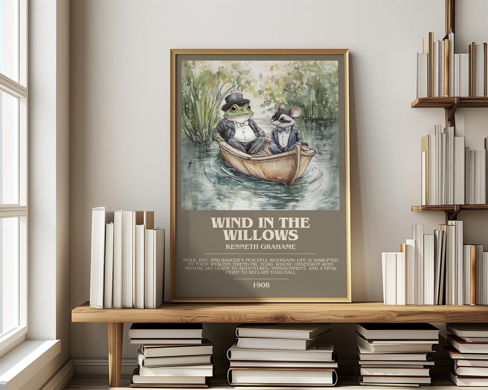The Wind in the Willows bookish print on bookshelf – Kenneth Grahame fan gift