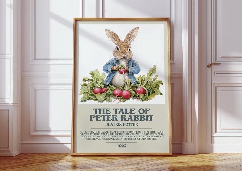 The Tale of Peter Rabbit bookish print in frame leaning in hallway – childrens wall art