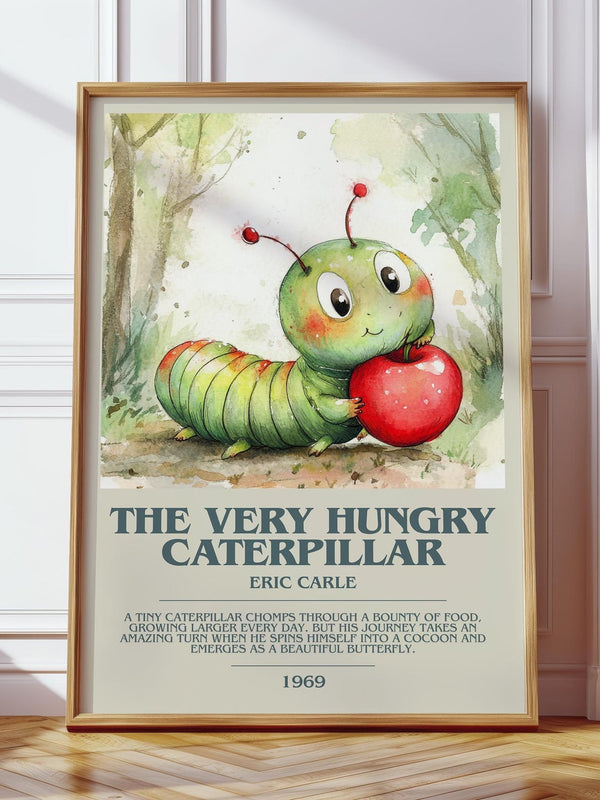 The Very Hungry Caterpillar bookish print in frame leaning in hallway – childrens wall art