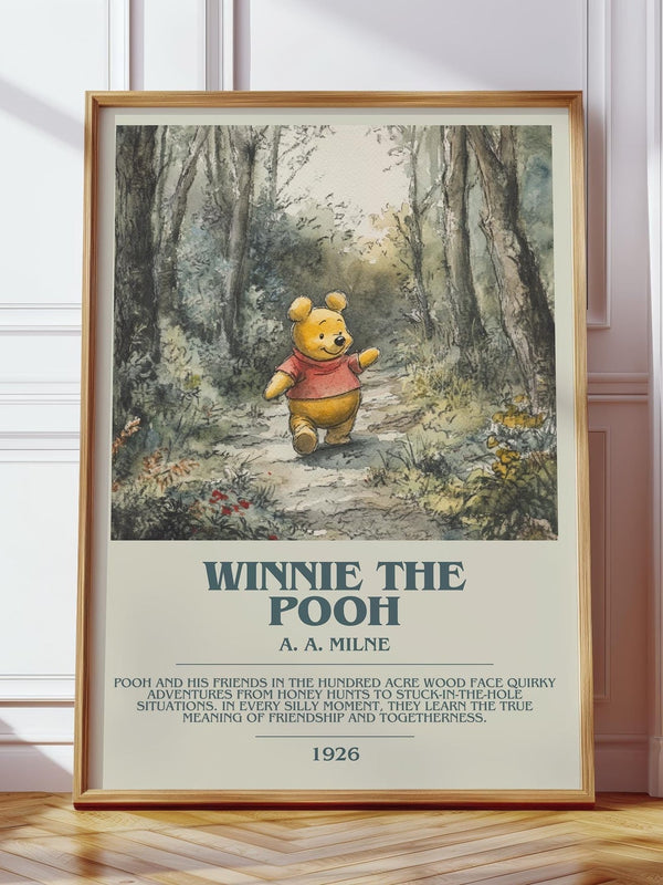 Winnie the Pooh bookish print in frame leaning in hallway – childrens wall art
