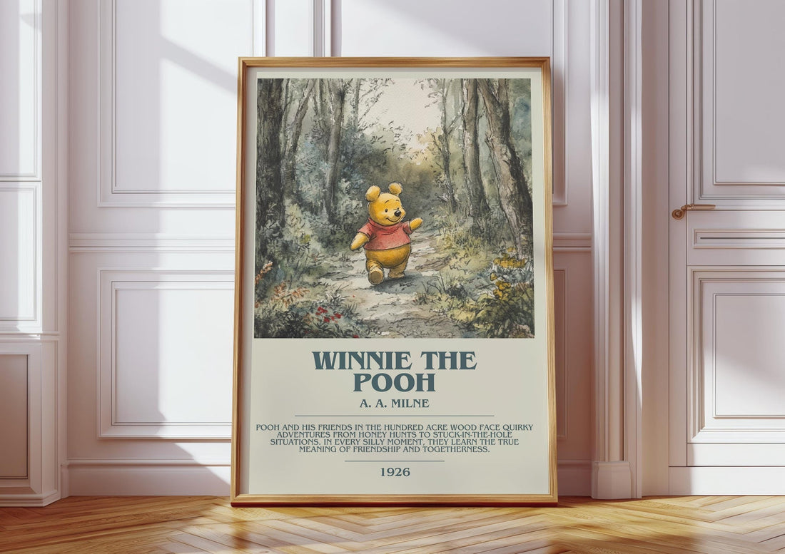 Winnie the Pooh bookish print in frame leaning in hallway – childrens wall art (mockup)