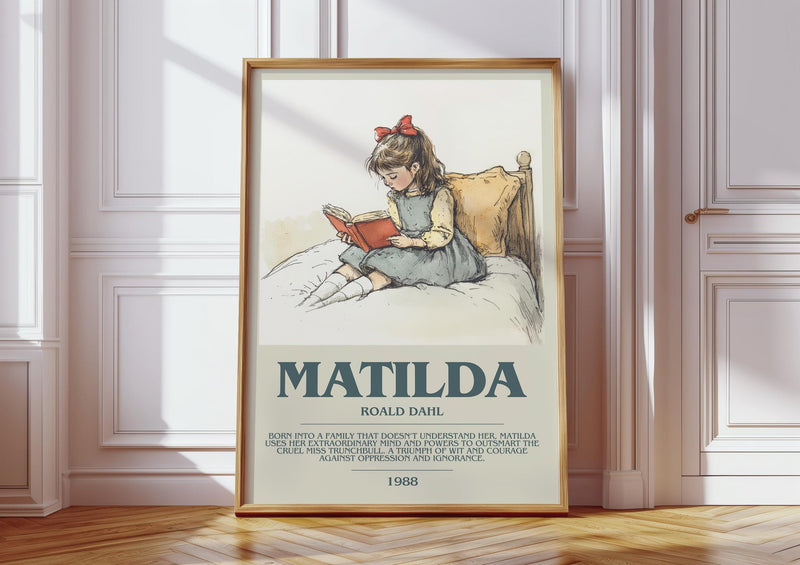 Matilda bookish print in frame leaning in hallway – childrens wall art