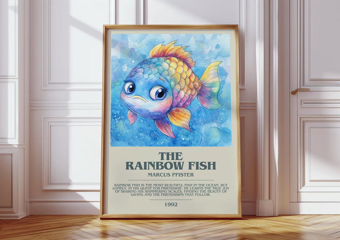 The Rainbow Fish bookish print in frame leaning in hallway – childrens wall art (mockup)