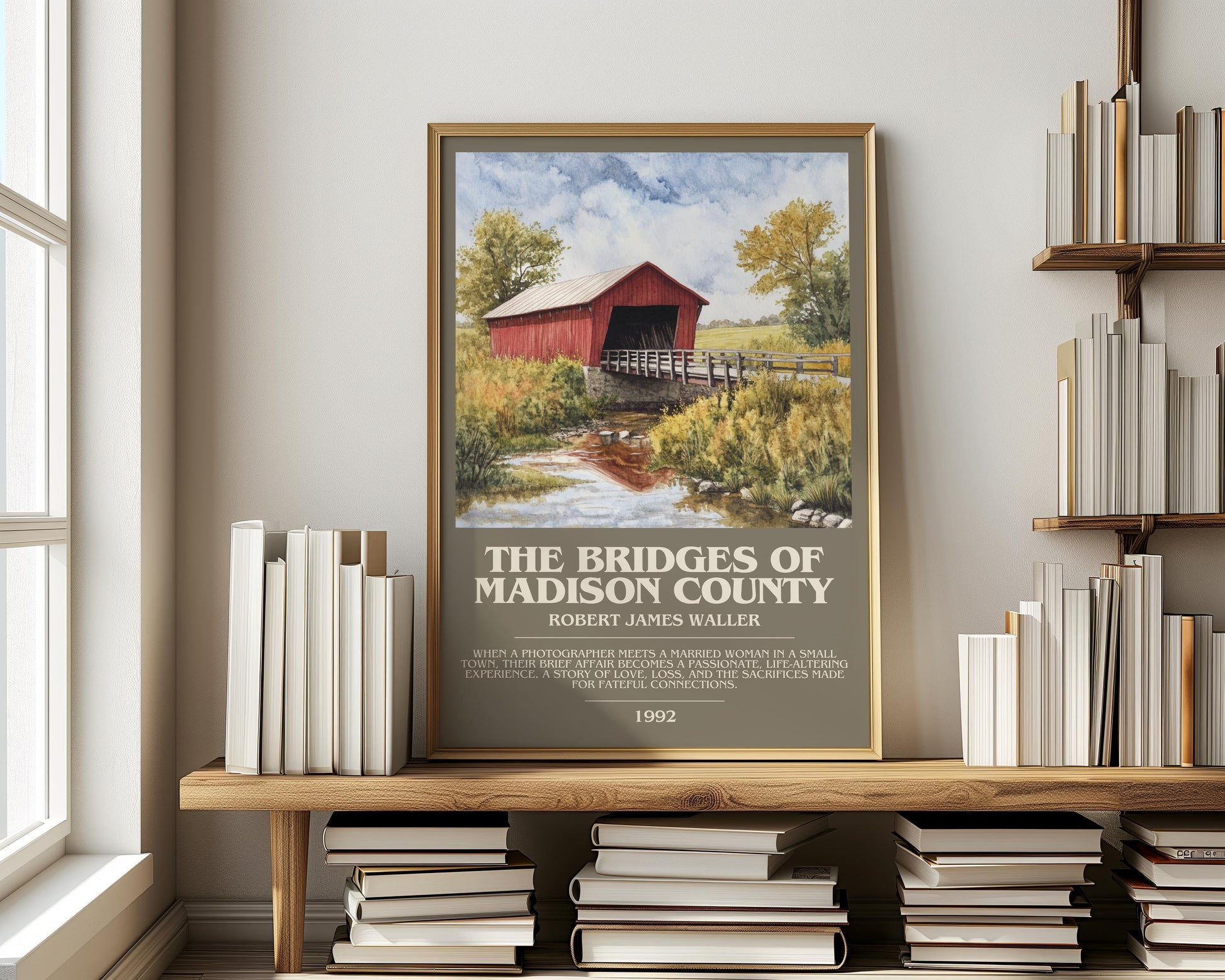 The Bridges of Madison County bookish print on bookshelf – Robert James Waller fan gift