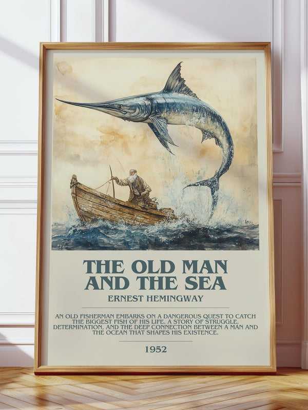 The Old Man and the Sea bookish print in frame leaning in hallway – classic literature wall art