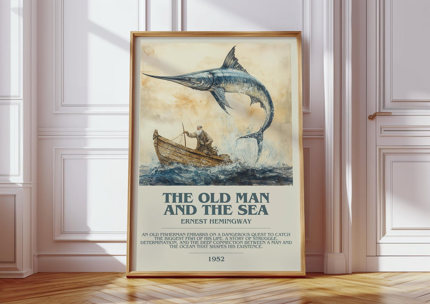 The Old Man and the Sea bookish print in frame leaning in hallway – classic literature wall art