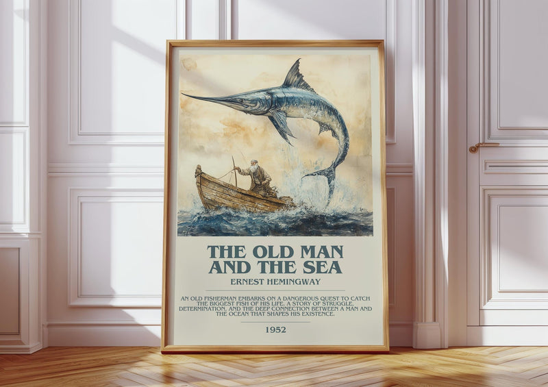 The Old Man and the Sea bookish print in frame leaning in hallway – classic literature wall art