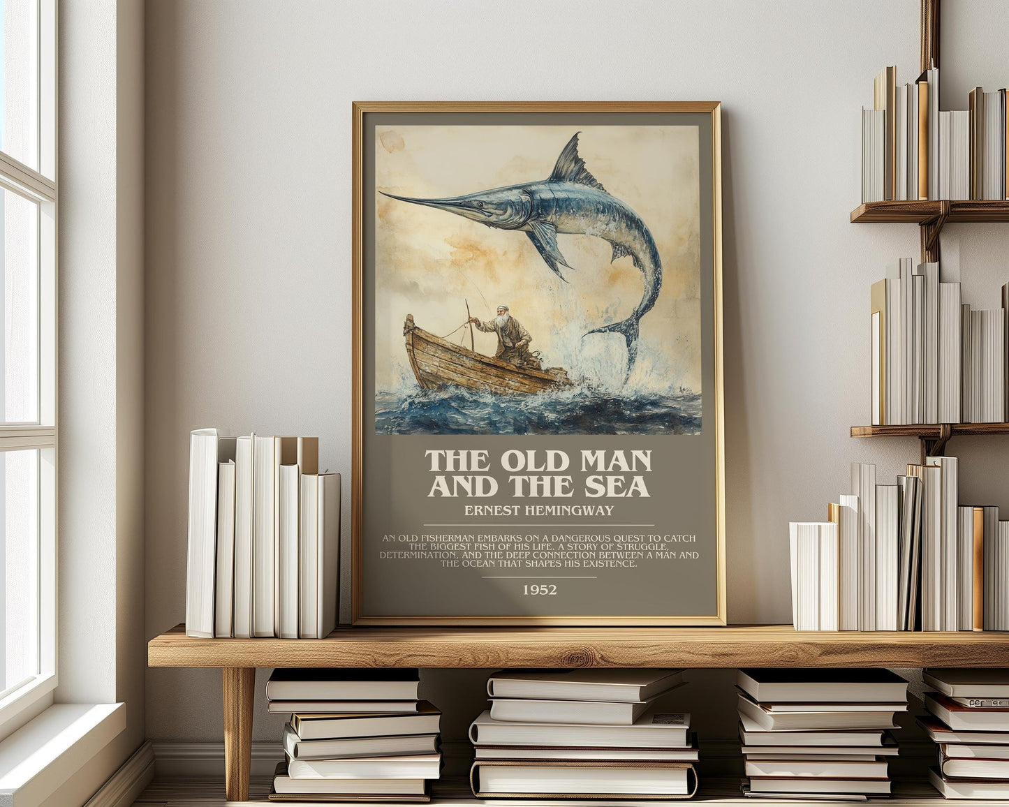 The Old Man and the Sea bookish print on bookshelf – Ernest Hemingway fan gift