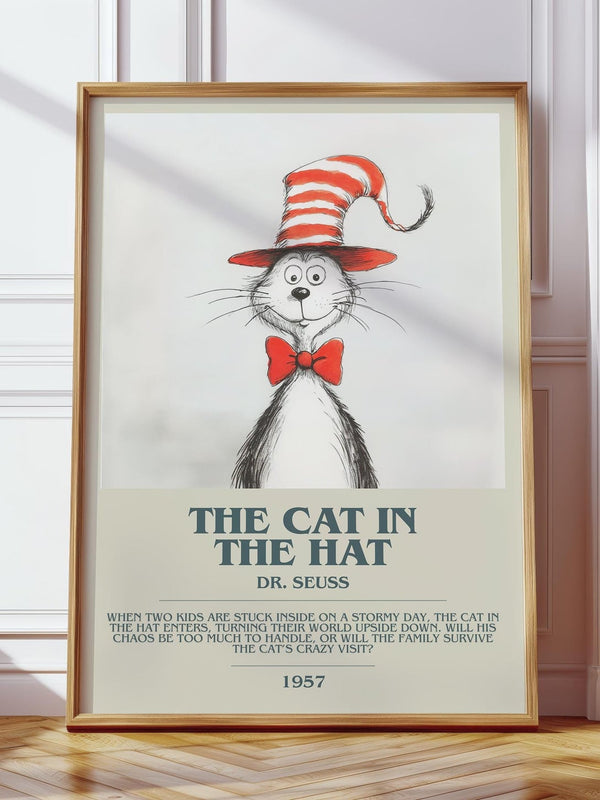 The Cat in the Hat bookish print in frame leaning in hallway – childrens wall art