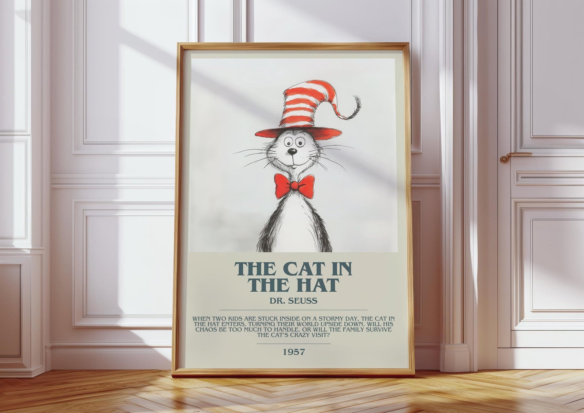 The Cat in the Hat bookish print in frame leaning in hallway – childrens wall art