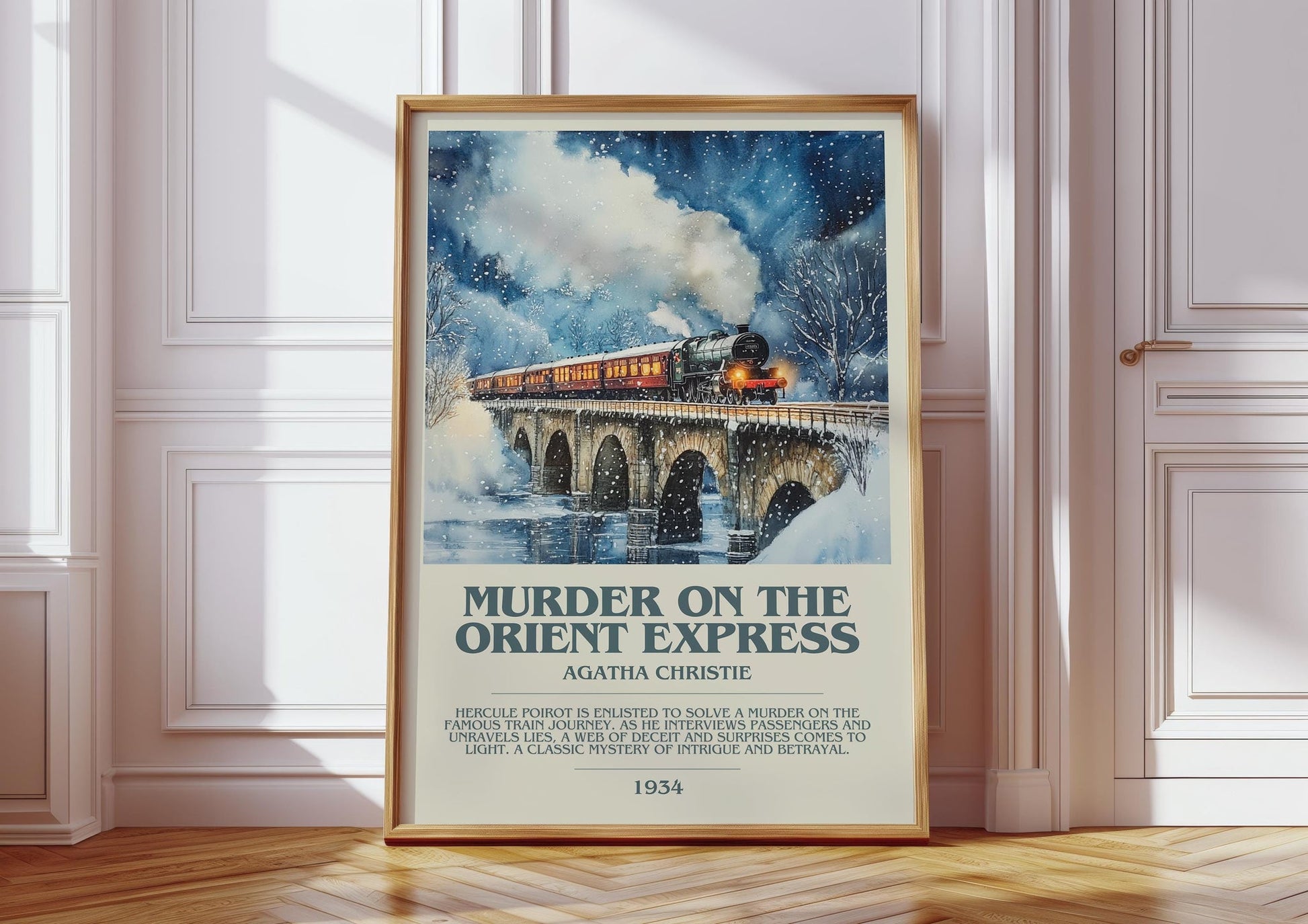 Murder On The Orient Express bookish print in frame leaning in hallway – mystery wall art