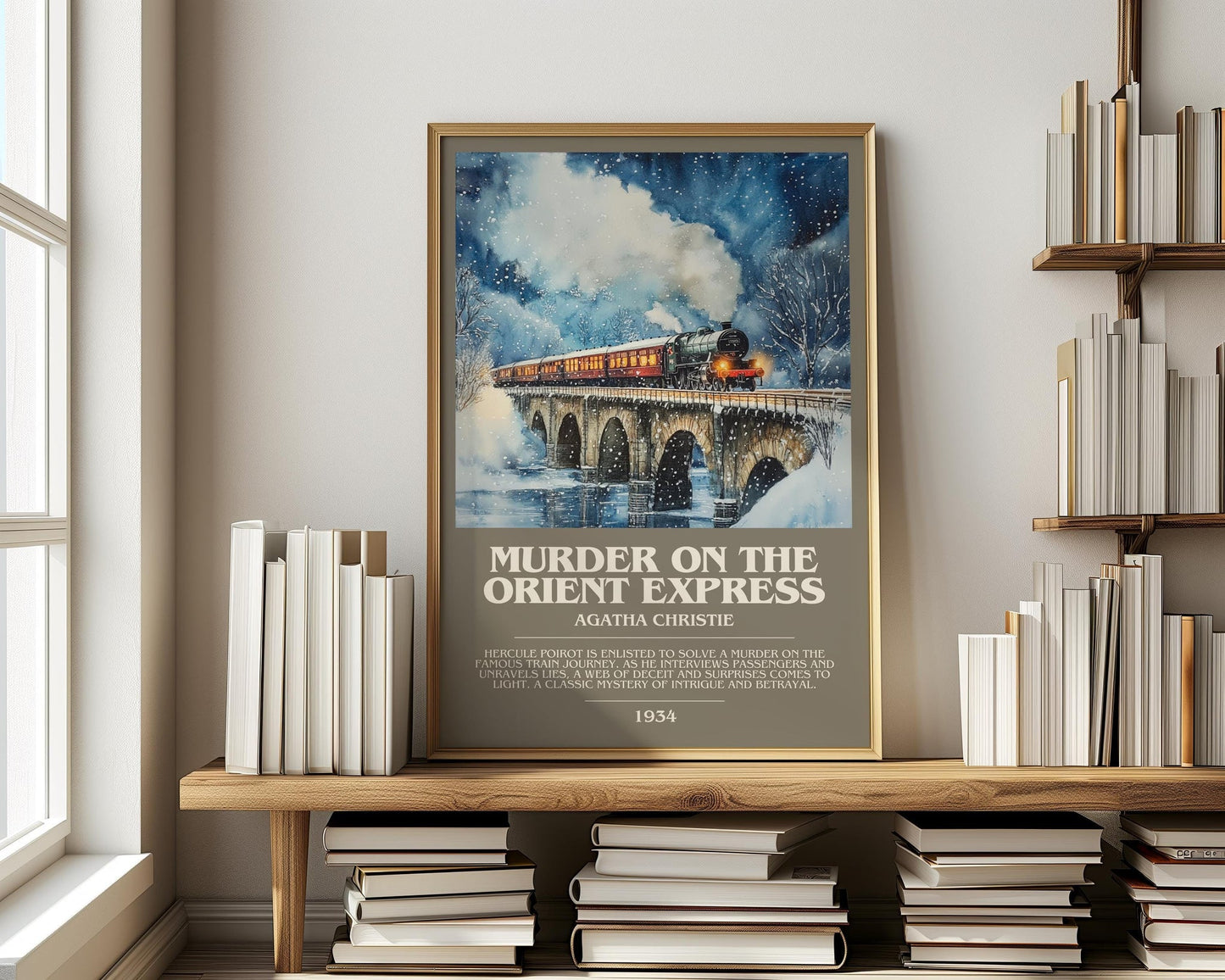 Murder On The Orient Express bookish print on bookshelf – Agatha Christie fan gift