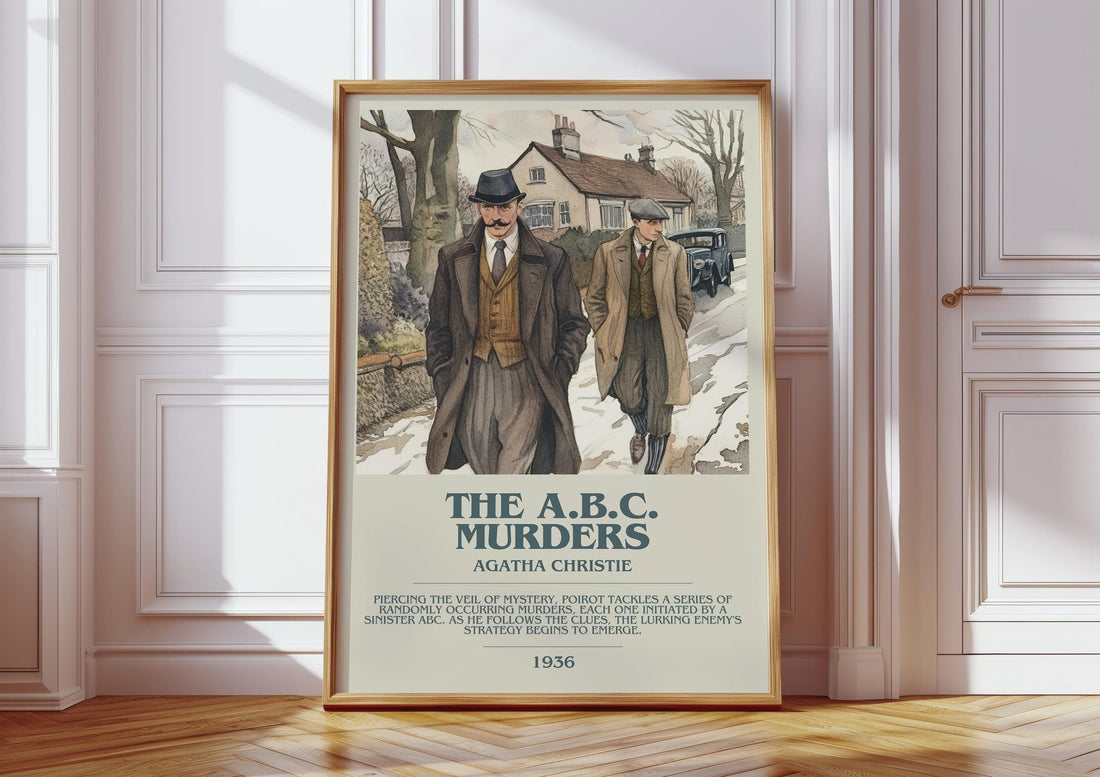 The A.B.C. Murders bookish print in frame leaning in hallway – mystery wall art (mockup)