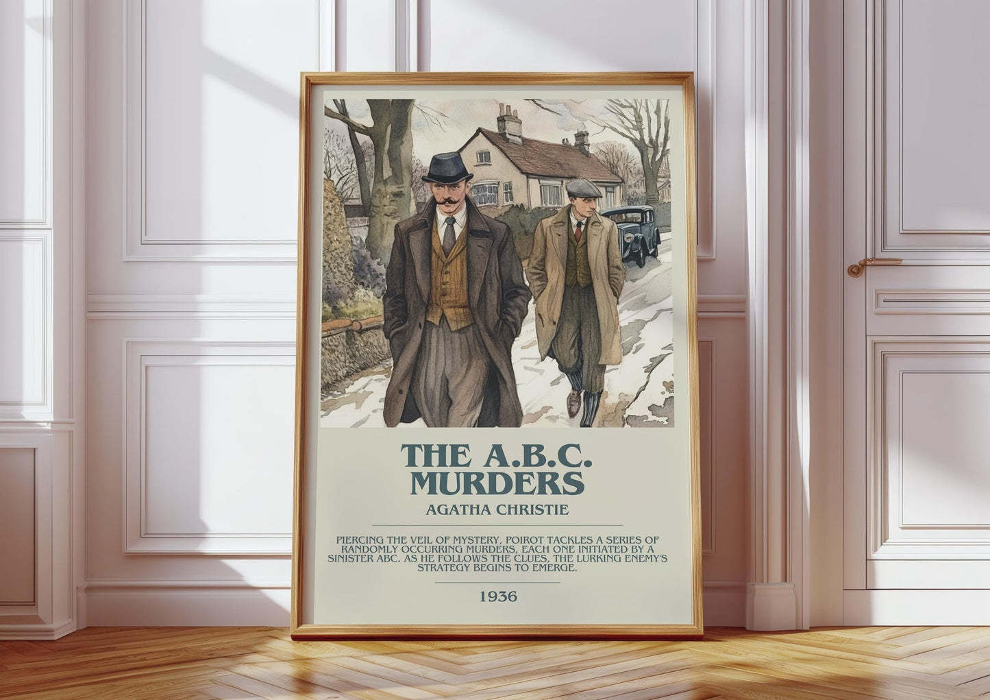 The A.B.C. Murders bookish print in frame leaning in hallway – mystery wall art