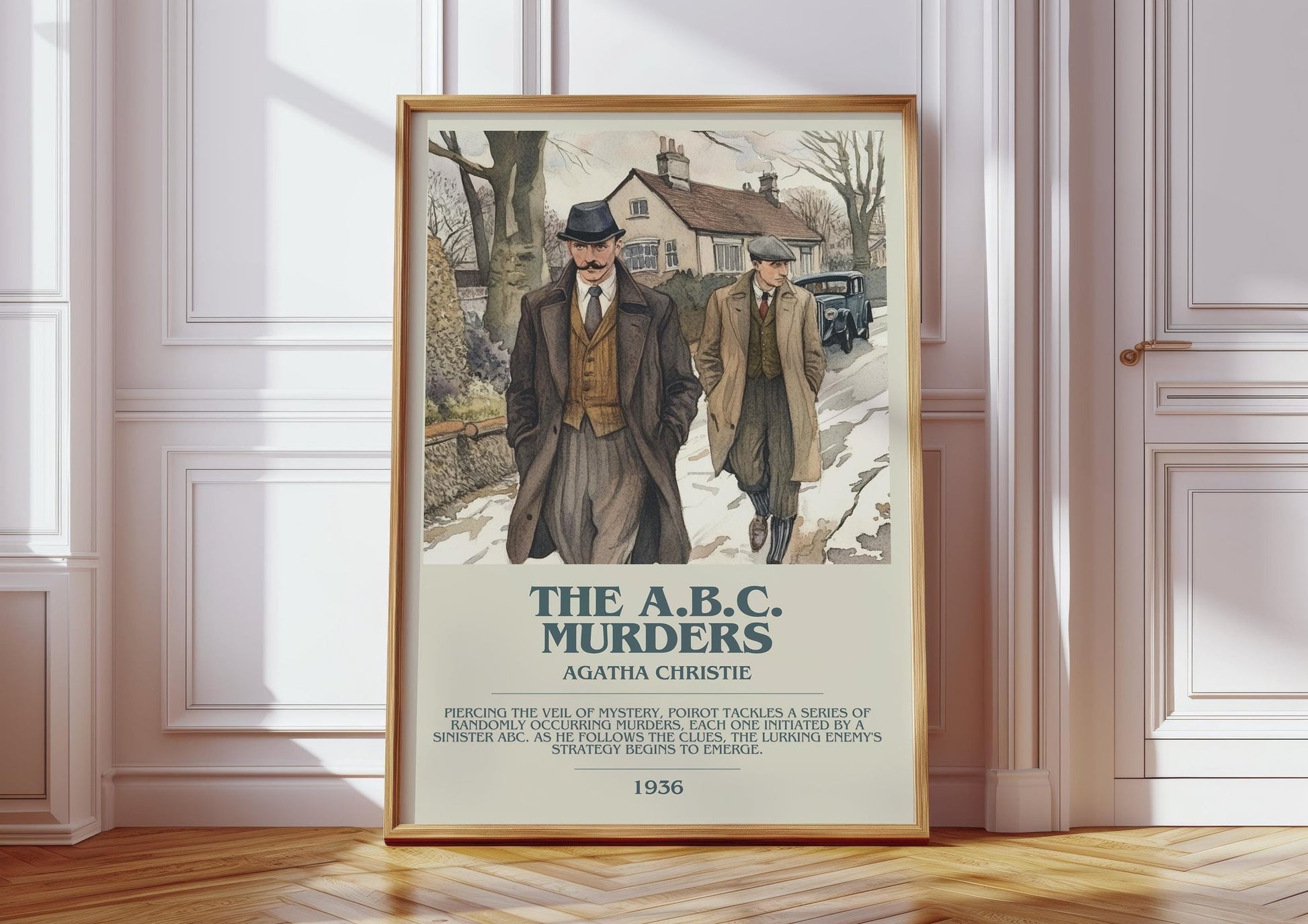 The A.B.C. Murders bookish print in frame leaning in hallway – mystery wall art
